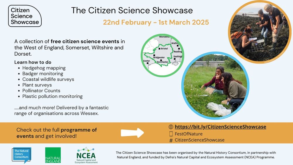 Poster highlighting the range of events taking place from 22 February to 1 March 2025. This event is part of the Wessex Citizen Science Local Pilot, organised by the Natural History Consortium, in partnership with Natural England, and funded by Defra’s Natural Capital and Ecosystem Assessment (NCEA) Programme.