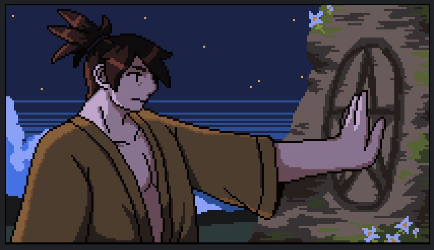 A pixel art drawing. On the left, a person with brown hair, and a yellow top is reaching out with their left arm. Their hand is placed upon a pentagram engraved in a boulder, which has moss and flowers growing off of it. In the background, the night sky, and distant clouds can be seen.