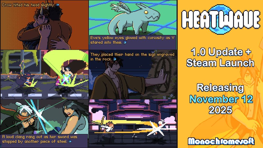 An advertisement for a pixel art video game called "Heatwave". On the left, are six screenshots of the game, arranged in a grid. On the right, is the game's logo, the text beneath it reads "1.0 Update + Steam Launch. Releasing November 12 2025." The background is yellow.