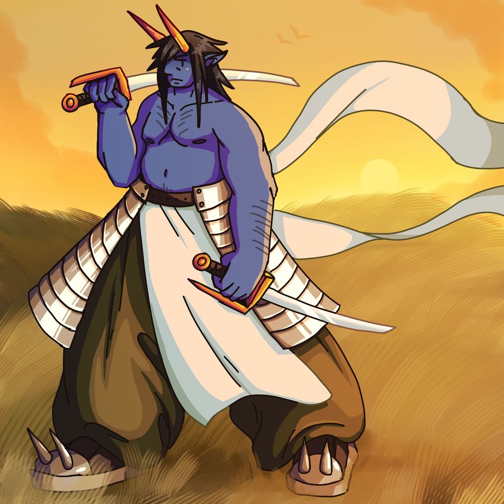 A digital drawing of a demon with blue skin. Orange horns protrude from their forehead,  and black shaggy hair hangs on either side of their face. They are wearing baggy olive green pants, which are covered by two sheets of armor over either thigh, and a long white piece of cloth that drapes over their front. Two long strips of the same fabric trails behind them, carried by the wind. The front of their brown boots are covered in a metal plate, which has two spikes protruding from each. They are not wearing anything on their upper body. In each hand, they hold a sword, the guard and pommel are gold, and the blades are short, and silver. The grassy field they are walking through is bathed in the golden rays of a sunrise.