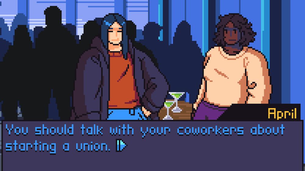 A screenshot of a pixel-art video game. Two women are at a warehouse party, behind them is a crowd of people, and a table with drinks on it. The woman on the left is wearing a orange sweater, blue jeans, and a black jacket. She has long dark hair, and pale skin. The woman on the right is wearing a long purple skirt, and a tan sweater, she has shoulder length curly hair, and dark skin. The textbox at the bottom reads 