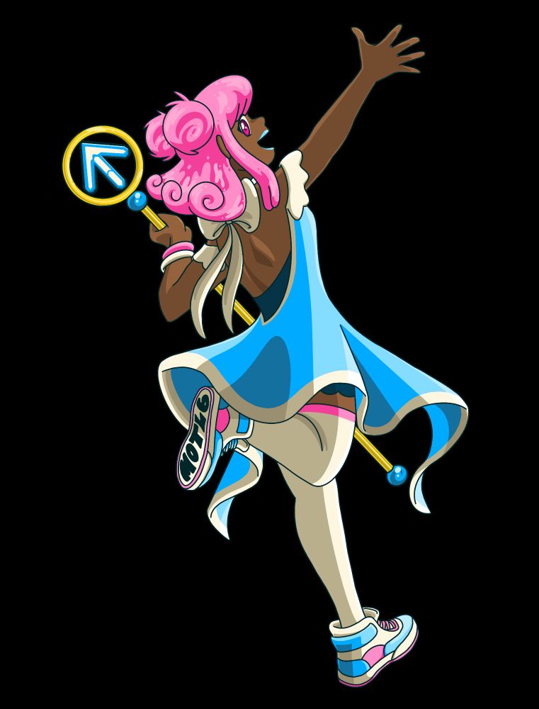 An illustration of a magical girl with pink hair and a blue outfit