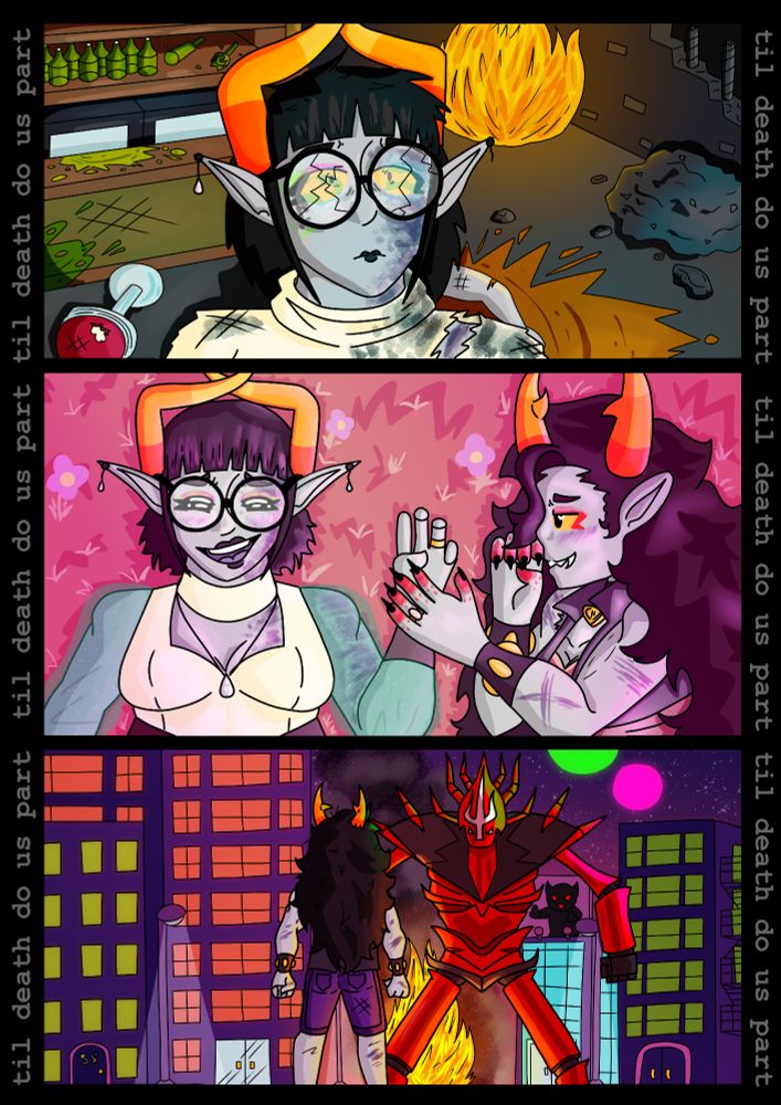 A three panel comic. In the top panel is a battered fantroll with big round glasses in a destroyed bar looking up at a blue light. The second panel is the previous fantroll and one with big fluffy hair lying in a field of flowers, they are looking at eachother adoringly. Finally, there is the third panel which depicts a destroyed city and the fluffy haired fantroll and imperial drone in a standoff.