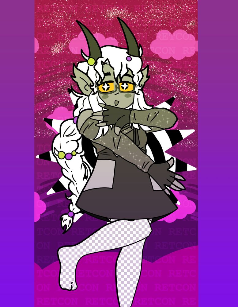 A fantroll wearing grey with long white braided hair striking a cute pose in a purple field. The pose and background are a refrence to the music video of Mesmerizer by 32ki.