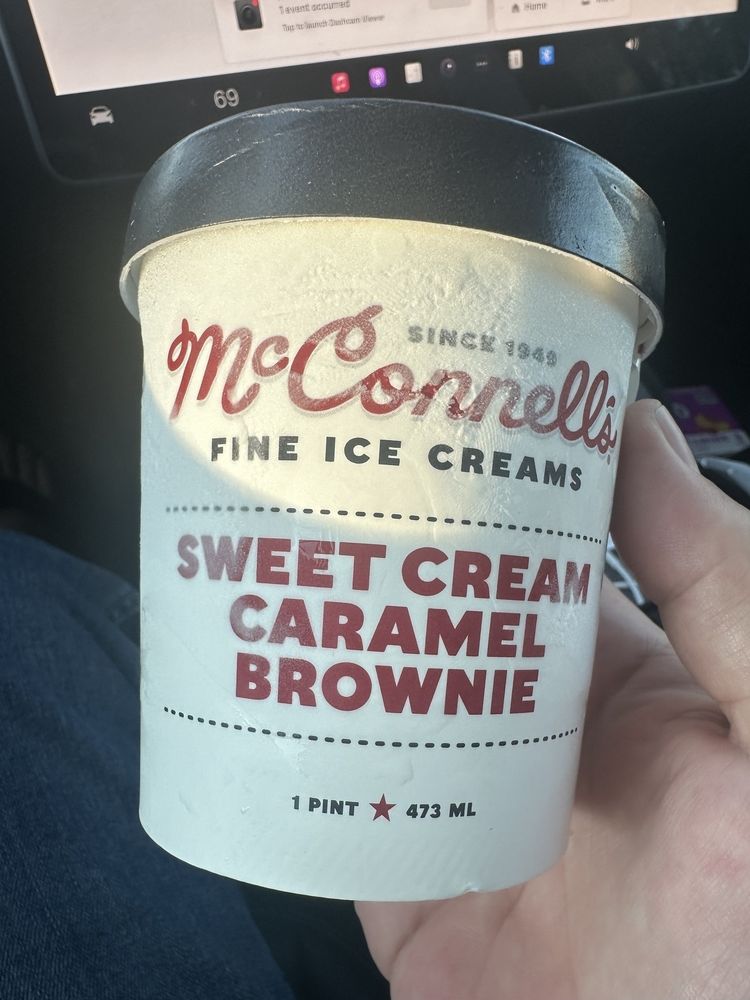 A pint of McConnell’s Sweet Cream Caramel Brownie ice cream. 