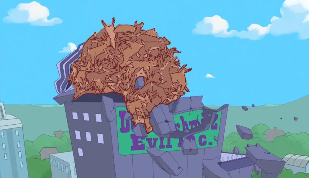 A massive ball of tinfoil destroying Doofenshmirtz Evil Inc. from episode 1 of phineas and ferb. Except the giant tinfoil ball has been replaced with a giant ball of deer.
