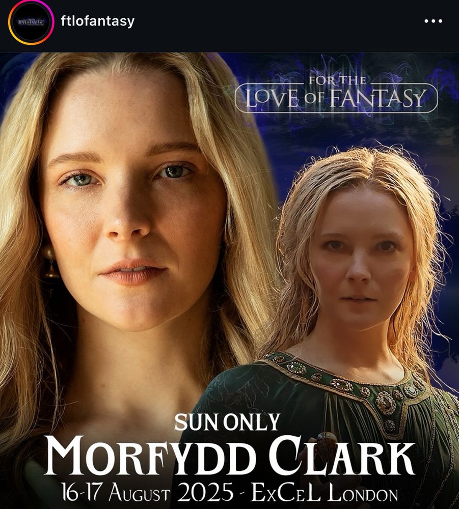 Image of Morfydd Clark alongside a photo of her depiction as Galadriel. 