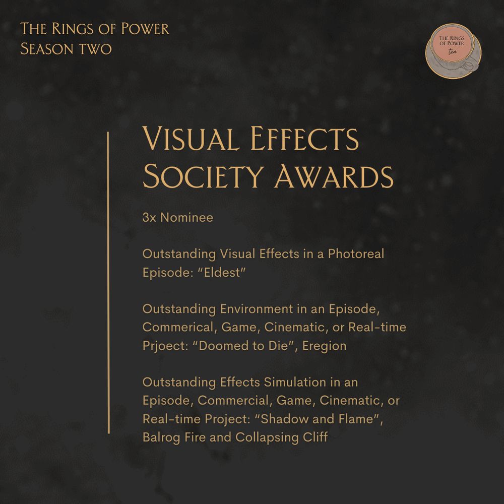 3x Nominee 

Outstanding Visual Effects in a Photoreal Episode: “Eldest”

Outstanding Environment in an Episode, Commerical, Game, Cinematic, or Real-time Prjoect: “Doomed to Die”, Eregion 

Outstanding Effects Simulation in an Episode, Commercial, Game, Cinematic, or Real-time Project: “Shadow and Flame”, Balrog Fire and Collapsing Cliff