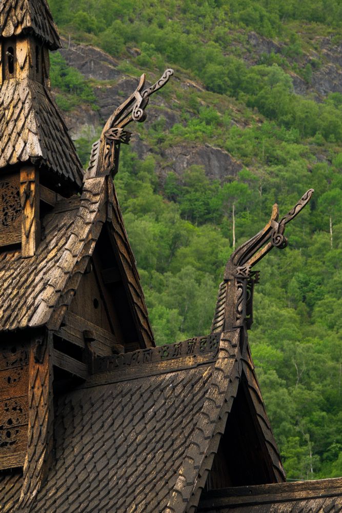 Highlight of ancient Norse stylized dragon head wood carvings adorning gables on the roof.
Borgund Stave Church, Norway
© 2025 Nathan Williams