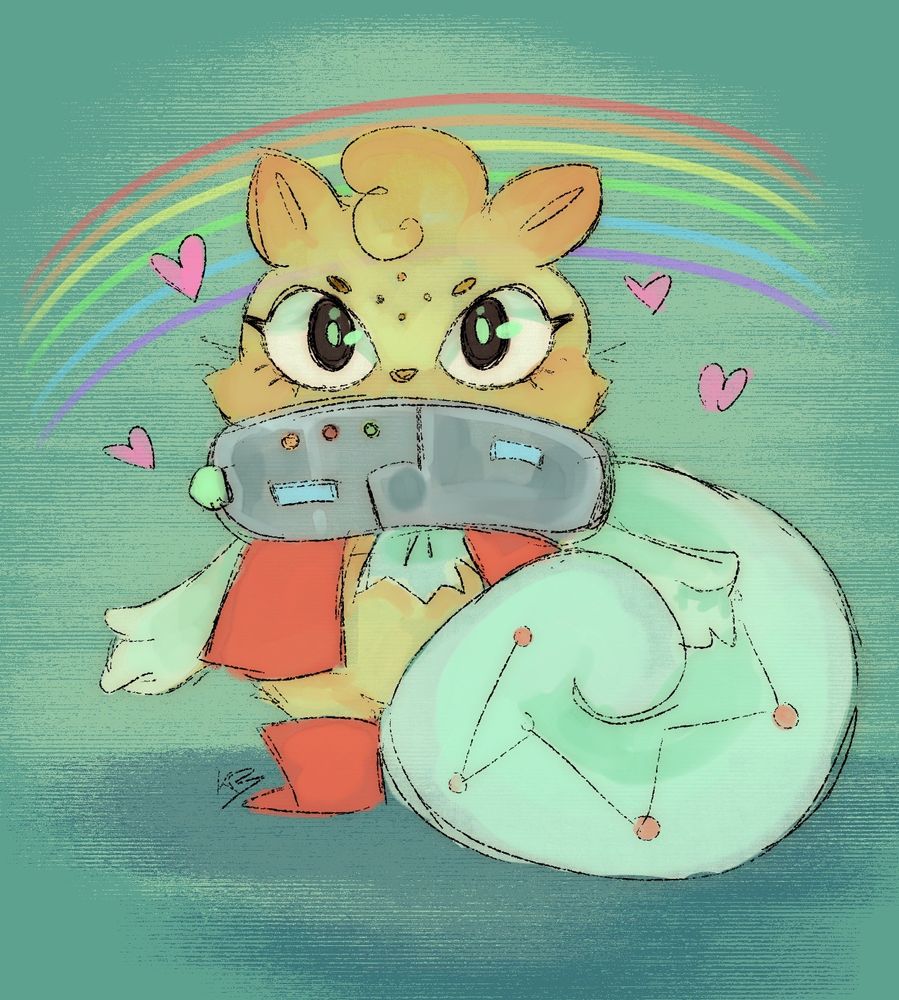 An alien squirrel, Wik (they/them), stands facing the viewer with hearts surrounding them. They have a mechanical collar covering their neck and mouth. A rainbow is displayed behind them. (Image drawn by KB)