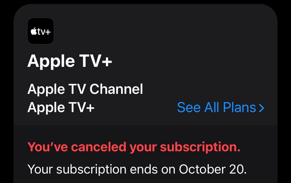 A screen shot of the Apple subscriptions page showing Apple TV+ subscription has been cancelled.