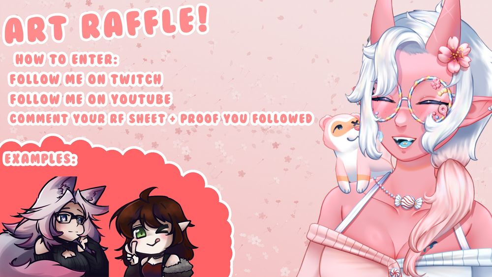 image of jennifer sweets looking happy on an art raffle advertisement stating the rules and showing examples of the art: "how to enter: follow me on twitch follow me on youtube comment your ref sheet +proof you followed