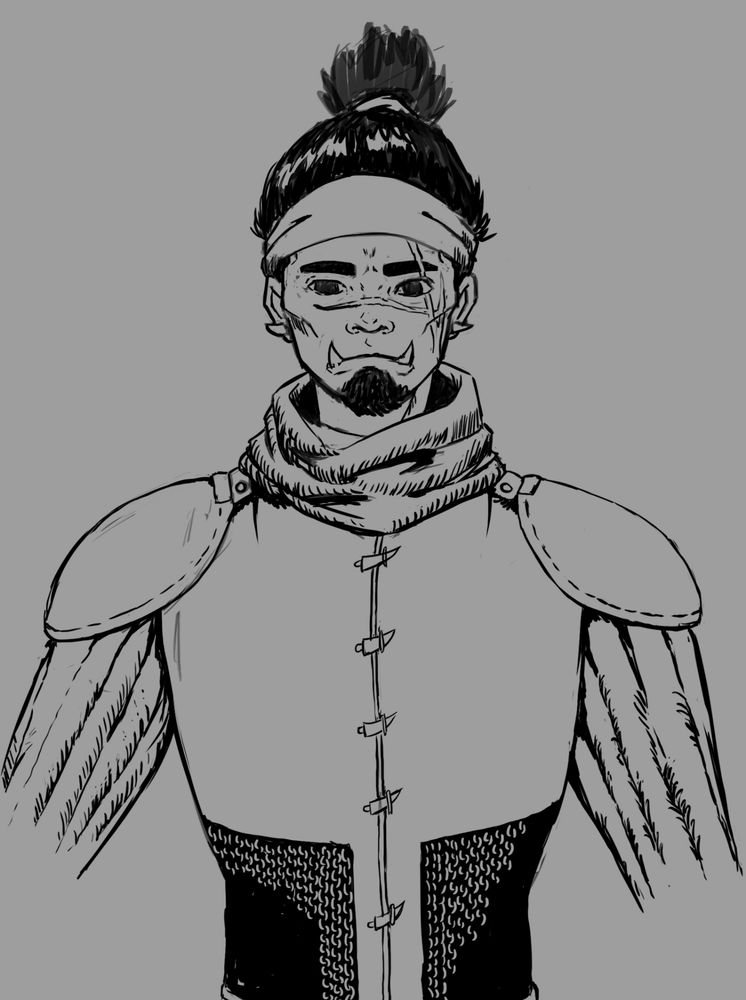 Half orc man with leather armor. A bit rugged with extended lower incisors. A goatee on his chin. A head band on his forehead. His hair ties back into a samurai knot. Black and white image.