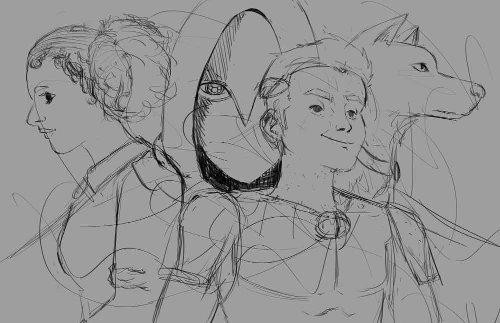A black and white line drawing. A woman on the left side in profile view. A man up front and offset of the center, looking up and away. A dog in profile view on the right hand side. Behind them looms a person ion a mask.