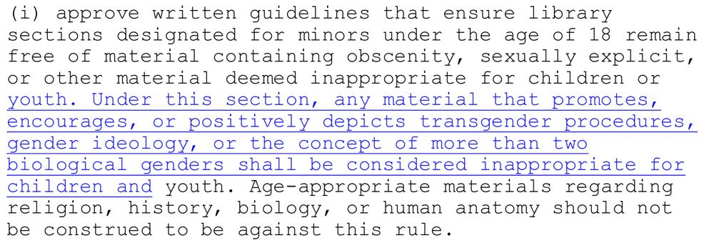 Alabama Rule on library requirements with proposed change underlined in blue. The text states: "(i) approve written guidelines that ensure library sections designated for minors under the age of 18 remain free of material containing obscenity, sexually explicit, or other material deemed inappropriate for children or youth. Under this section, any material that promotes, encourages, or positively depicts transgender procedures, gender ideology, or the concept of more than two biological genders shall be considered inappropriate for children and youth. Age-appropriate materials regarding religion, history, biology, or human anatomy should not be construed to be against this rule."