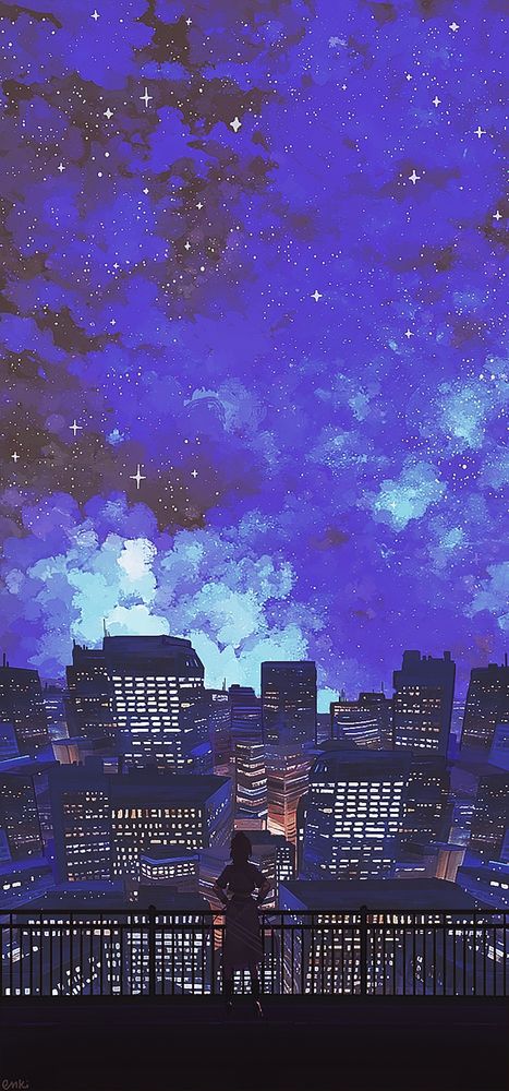 Mini looking at the city below her under a starry night sky.