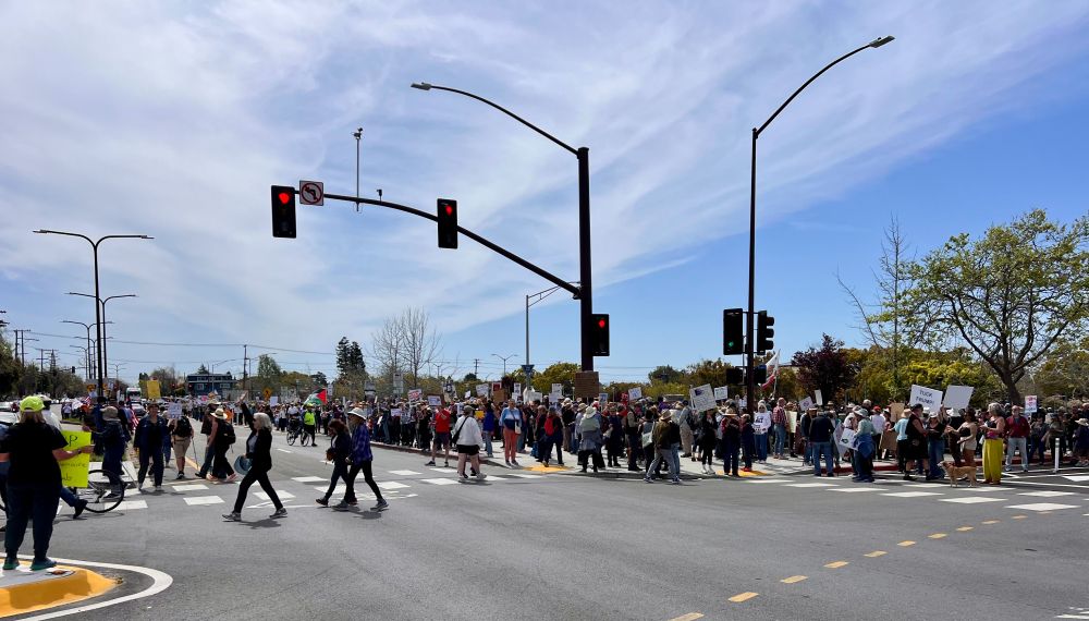 Photo of crowded sidewalks at a Hands Off protest.