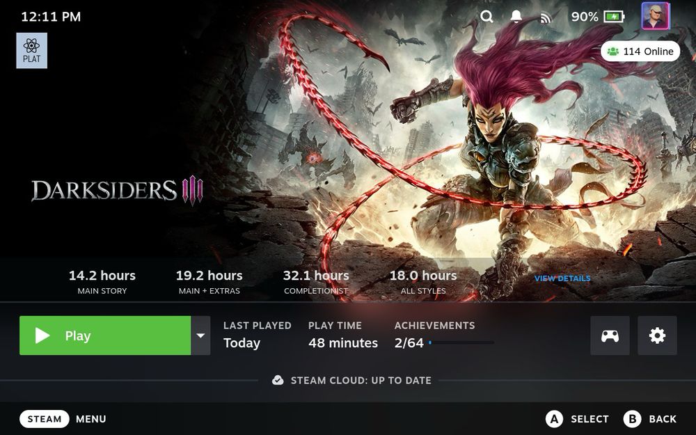 My Steam Deck showing the Darksiders III game page where you can launch the game.