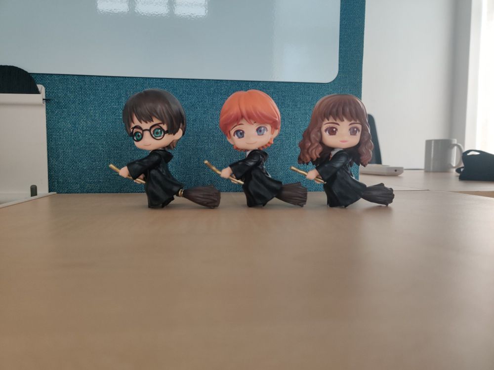 Harry, Ron and Hermione with their brooms.