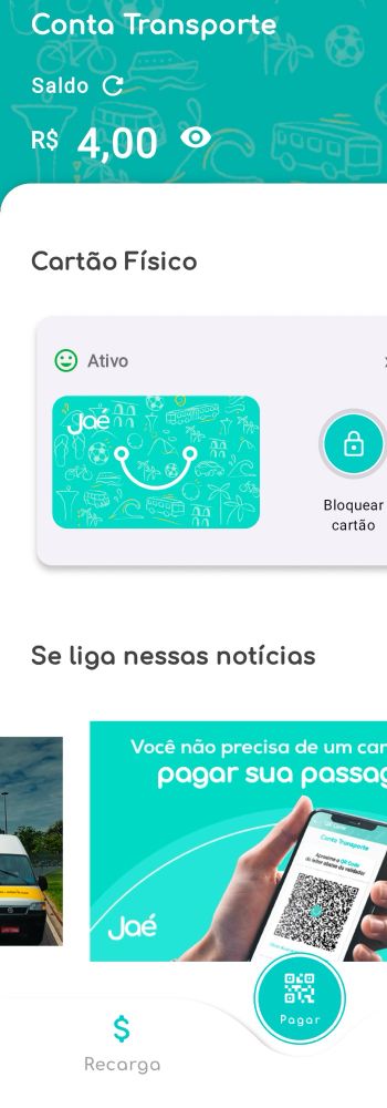 interface do app do jaé com opções de recarga, ver saldo etc 