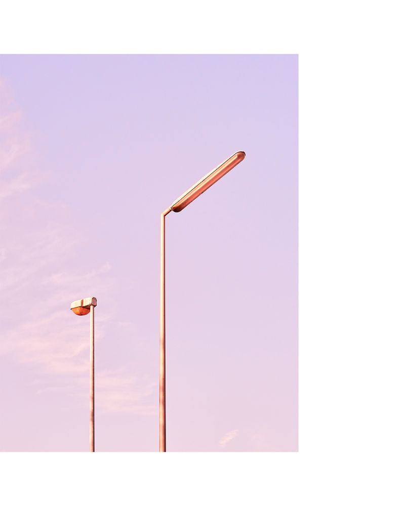 Vor einem zartrosa bis fliederfarbenem Himmel sind die oberen Hälften von zwei Straßenlaternen zu sehen. Die rechts im Bild ist größer, mit länglicher Lampe. Die links daneben hat einen runden Strahler und schaut in die entgegengesetzte Richtung. Der Titel des Bildes von Thomas Procek lautet "Vater und Sohn".