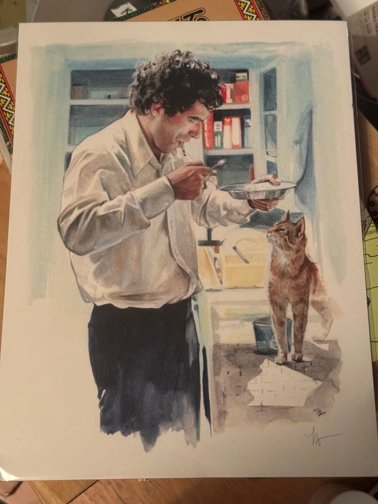 A print of a painting by Brianna Ashby depicting Elliot Gould and a cat from the film The Long Goodbye (Robert Altman, 1973).