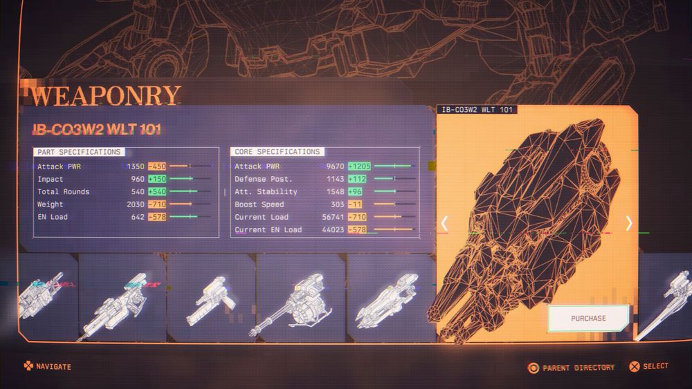 A weapon customization screen. Prominently featured are the weapon and its statistics. Along the bottom of the screen are weapons to choose from. In the background is the wireframe of the mecha being customized.