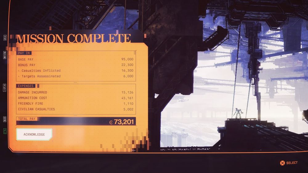 A mission complete screen. Spoils and damages are displayed to the right. The screen is curved as if displayed on a CRT display.