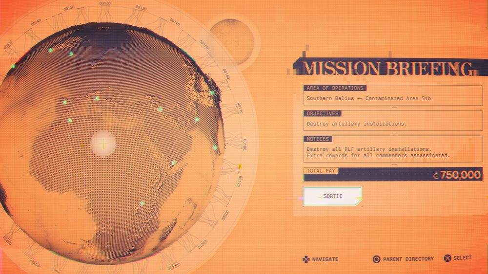 A mission selection screen. A globe made up of tiny cubes shows a list of locations. I also discovered too late that Armored Core does not take place on Earth but who’s asking. To the right are parameters about the mission.