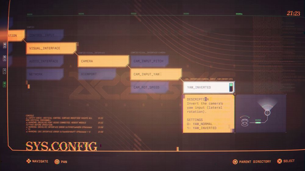 A settings menu. The screen gives the feeling of a command line interface, but without the pain of actually using one. In the right, a diagram shows how toggling the switch will affect control of the camera.