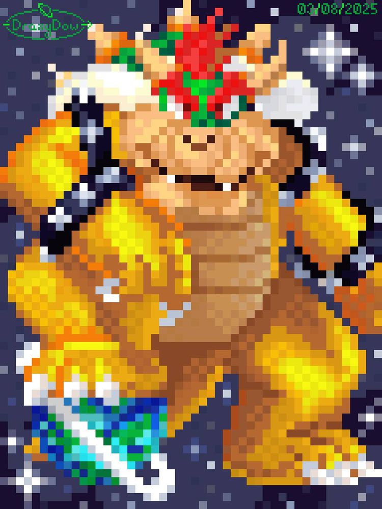 Pixel art of Bowser (King Koopa) in space, in a triumphant pose, stomping a planet.