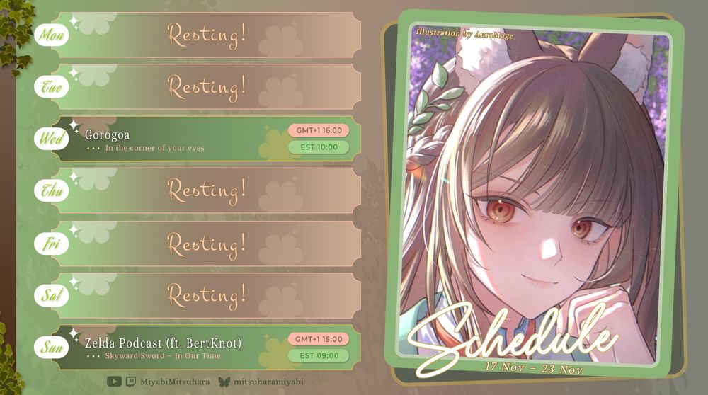 Schedule for the week of 17 November starting at 16:00 GMT+1 (15:00 GMT+1 for Zelda Podcast on Sunday!).