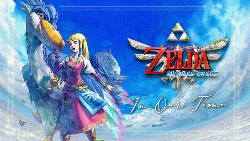 Thumbnail for the Zelda podcast about Skyward Sword, with Zelda and her Loftwing, in front of the sky around Skyloft.