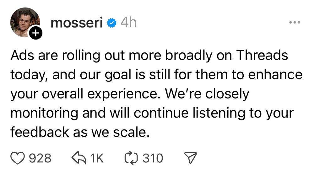 A screenshot of a post on Threads, written by Mosseri, where he announces ads rolling out on Threads.
