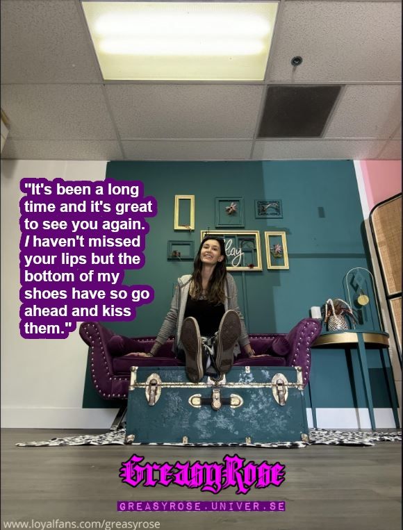 A picture of GreasyRose sitting on a foot locker in sneakers with her ankles crossed smiling at you. Oh, do you think that quality is good? 