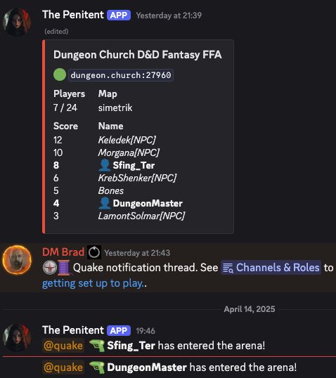 Screenshot of my Discord embed showing a Quake 3 Arena server status, including a two column table of players and their score, marking the human players with bold text and a "user" emoji