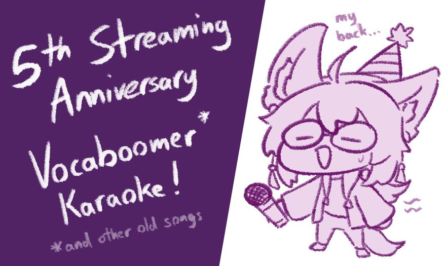Graphic describing the event mentioned in the tweet (5th Streaming Anniversary - Vocaboomer Karaoke). A little chibi Faf wearing a party hat and mentioning back pain stands on the other side.