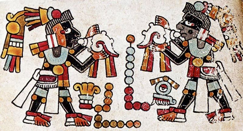 image from the "Aztec" book Codex Vindobonensis of two conch shell players
