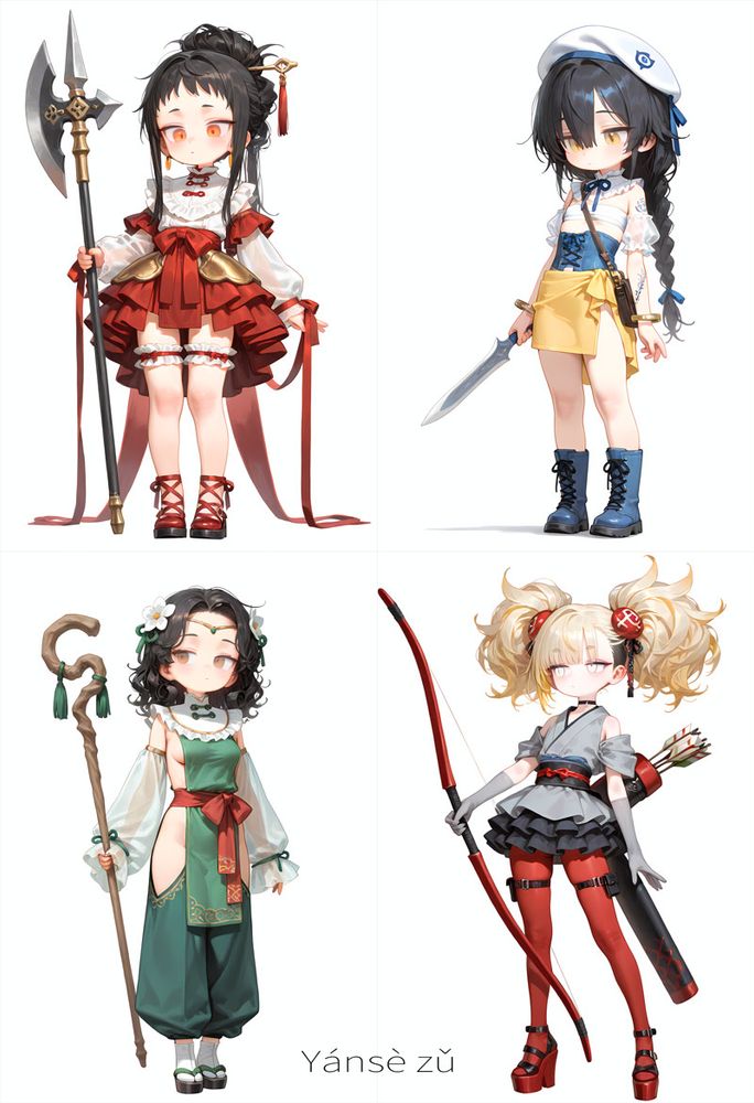 緋
black hair, long hair, hair up, straight hair, short bangs, sidelocks, orange eyes, board, head little down,
white frilled collar, stand collar, frilled shoulder, see through sleeves, red hem, huge ribbon on body, knots ribbon, hitches, red showgirl skirt, large gold earring,
standing, holding halberd, frilled thigh belt
縹
black hair, long braid, yellow eyes, long bangs, board, head little down,
white frilled collar, stand collar, frilled shoulder, puff sleeves, see through sleeves, blue hem, knots ribbon, hitches, small breasts, light blue pencil dress, chest sarashi, blue corset, white beret, yellow sarong, bangle,
standing, holding down short blades each hands, shoulder bag, tattoo on arm,
織部
black hair, middle hair, curly hair, brown eyes, forehead, looking aside, stare, white flower ornament, circlet,
white frilled collar, stand collar, frilled shoulder, sleeves past wrists, see through sleeves, green hem, knots ribbon, hitches,
medium breasts, green sideless dress, harem pants, red sash,
standing, holding staff,
白
blonde, middle hair, undercut, white eyes, bangs, stare, big hair ornament,
grey kimono, choker, no sleeves, filled shoulder, grey elbow gloves, black hem, quiver,
white micro shirts, layered skirt, side ribbon, red thigh belt,
standing, holding longbow,