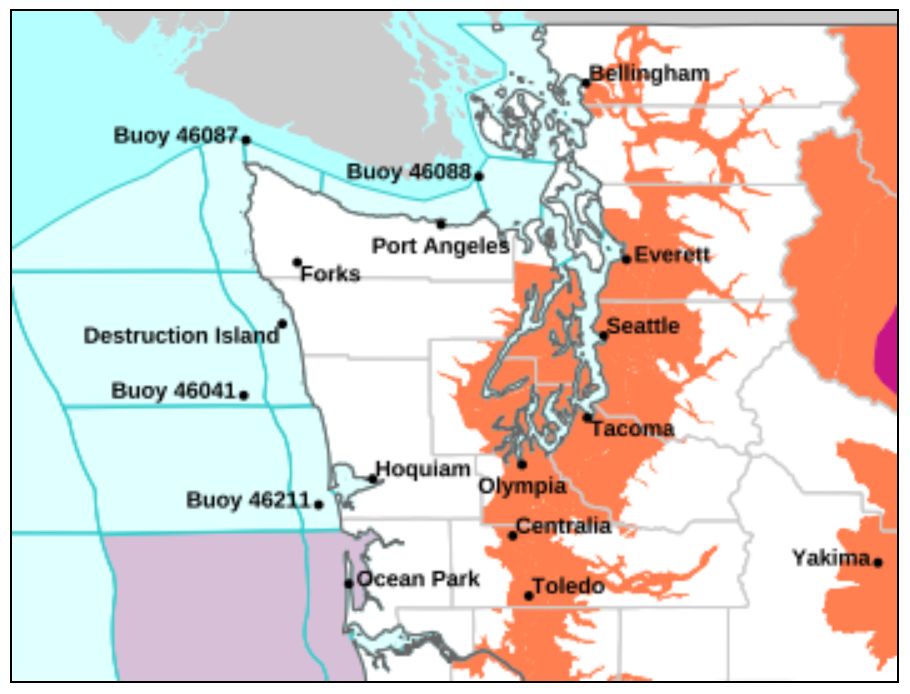 Map of western Washington showing heat advisories in orange, covering the interior from Bellingham to Olympia, including Seattle, Tacoma, and Everett. Coastal areas like Hoquiam and Port Angeles are not under advisory. Several offshore buoys are labeled in the Pacific. This is basically a “don’t touch, it’s hot” warning for half the state.