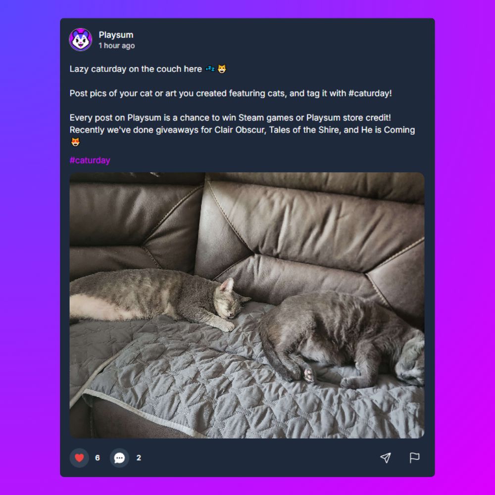 A social media post from Playsum with a purple background. The post reads: "Lazy caturday on the couch here 🛋️😺 Post pics of your cat or art you created featuring cats, and tag it with #caturday! Every post on Playsum is a chance to win Steam games or Playsum store credit! Recently we’ve done giveaways for Clair Obscur, Tales of the Shire, and He is Coming 🐱 #caturday." Below the text is a photo of two gray cats sleeping on a brown leather couch with a gray quilted blanket.