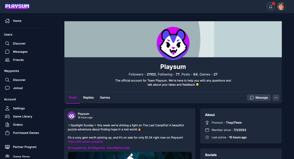 Screenshot of a Playsum profile page. The profile has a purple opossum mascot icon as the profile picture. Username: Playsum. The account has 21,102 followers, follows 77 accounts, has made 64 posts, and lists 27 games. Bio reads: "The official account for Team Playsum. We're here to help you with any questions and talk about your ideas and feedback 🥺." A highlighted post from Playsum is visible, promoting The Last Campfire as part of "Spotlight Sunday." Left sidebar menu shows options like Home, Users, Waypoints, Account, Partner Program, and Game Store. Right side panels include “About”, listing pronouns, join date, and last active time, plus a “Socials” section below.