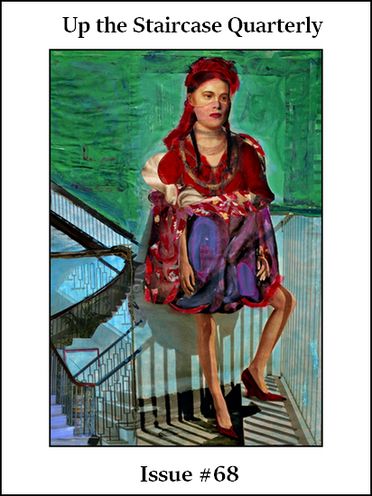 Stunning collage of figure standing on a staircase, titled Transgender Latina. Bold greens, reds, blues and purples. 