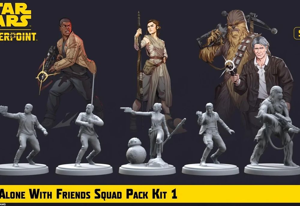 the miniatures in the shatterpoint Alone With Friends Pack featuring Rey and BB-8