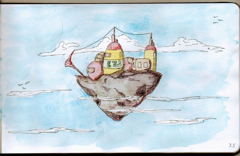 A whimsical watercolor painting of a castle with yellow roofs and walls, perched on a large, irregularly-shaped rock floating amidst cotton-like clouds in a blue sky. A few birds are flying in the distance.
