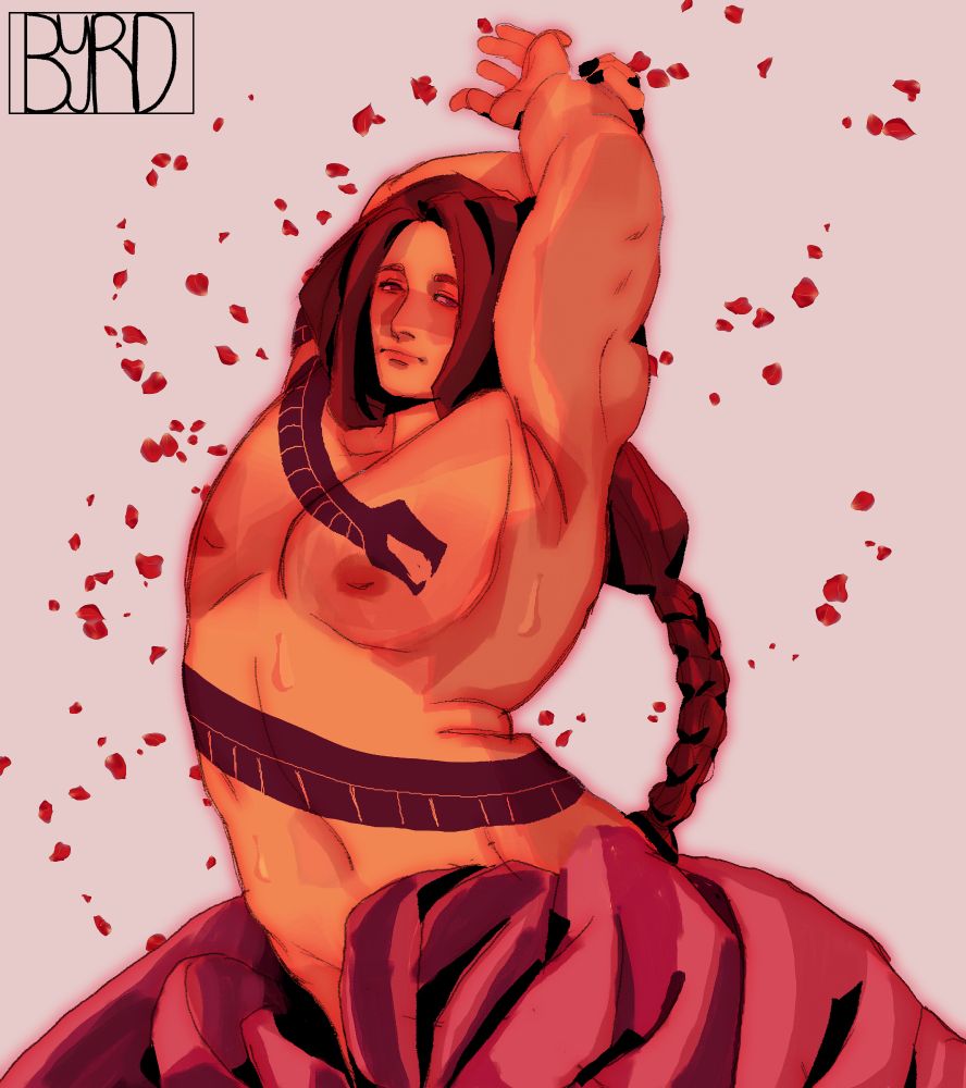 Vega emerges nude from a rose as rose petals float behind him.