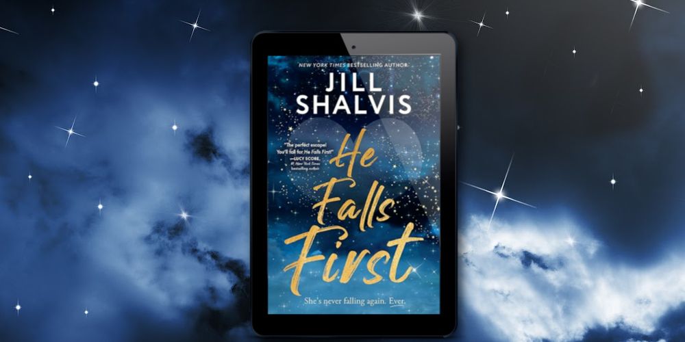 Stars and clouds in the night sky and the cover of He Fals First on an ereader screen. 