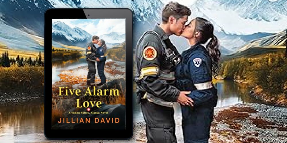 Cover of Five Alarm Love with a firefighter and EMT kissing. eReader showing cover. 