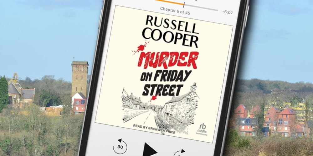 Audiobook cover of Murder on Friday Street, a quaint town in England's Surrey Hills. 