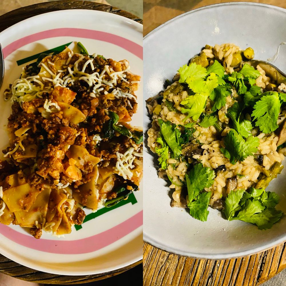 2 plates of vegan meals, 1 is mushroom & asparagus risotto, the other is stovetop lasagne